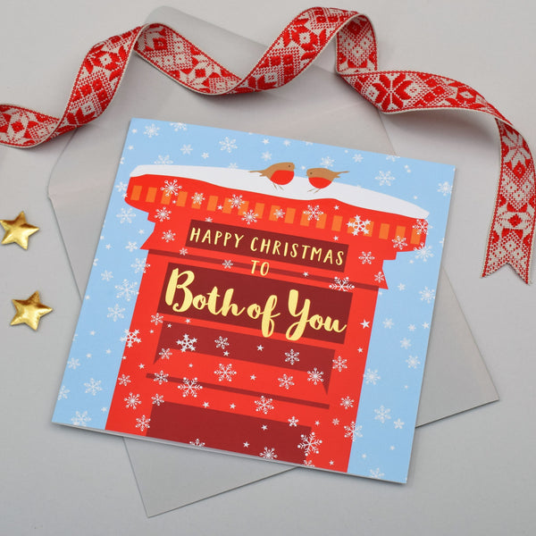 Christmas Card, Both of You Robins & Postbox, text foiled in shiny gold