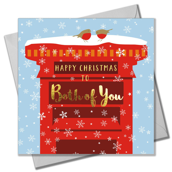 Christmas Card, Both of You Robins & Postbox, text foiled in shiny gold