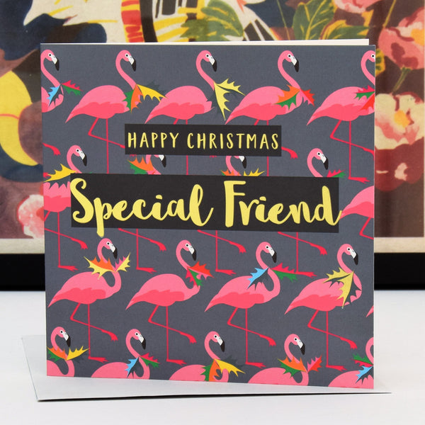 Christmas Card, Special Friend, Flamingoes & Holly, text foiled in shiny gold
