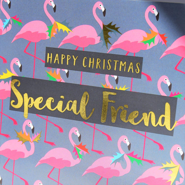 Christmas Card, Special Friend, Flamingoes & Holly, text foiled in shiny gold