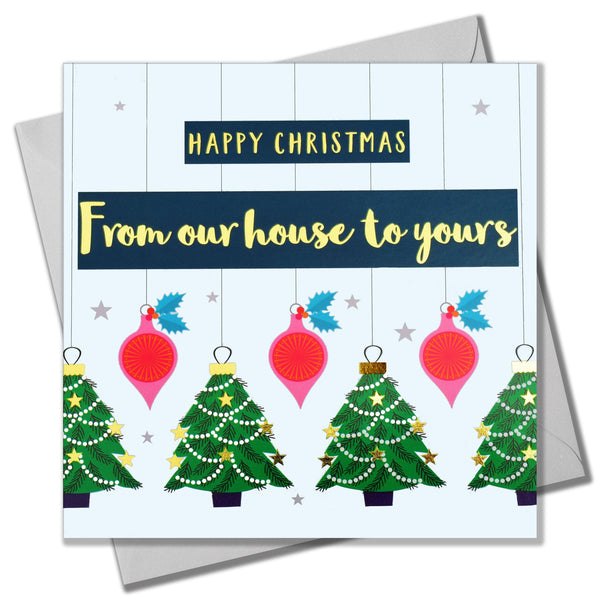 Christmas Card, From our house to yours, text foiled in shiny gold