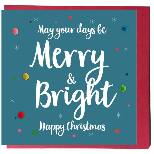 Christmas Card, Blue, Merry & Bright, Embellished with colourful pompoms