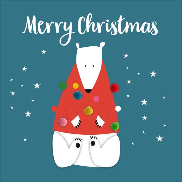 Christmas Card, Polar Bear in jumper, Embellished with colourful pompoms