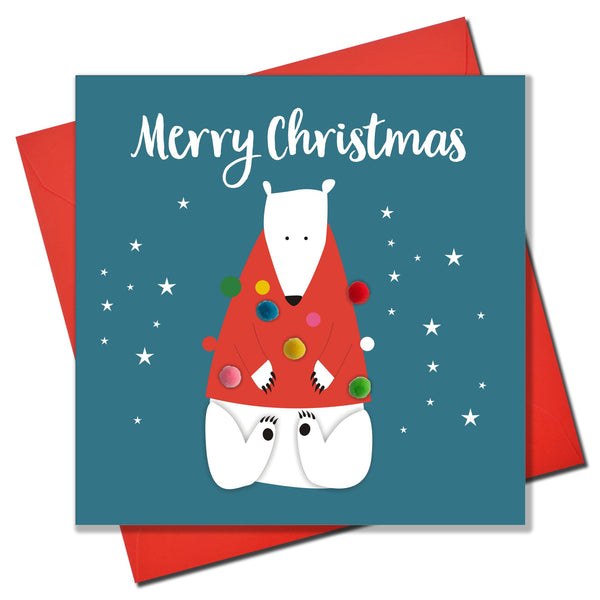 Christmas Card, Polar Bear in jumper, Embellished with colourful pompoms