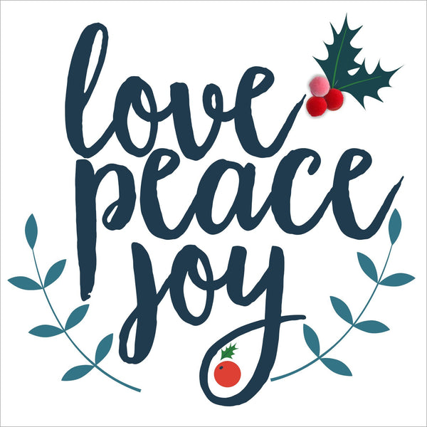 Christmas Card, Holly, Love, Peace, Joy, Embellished with colourful pompoms