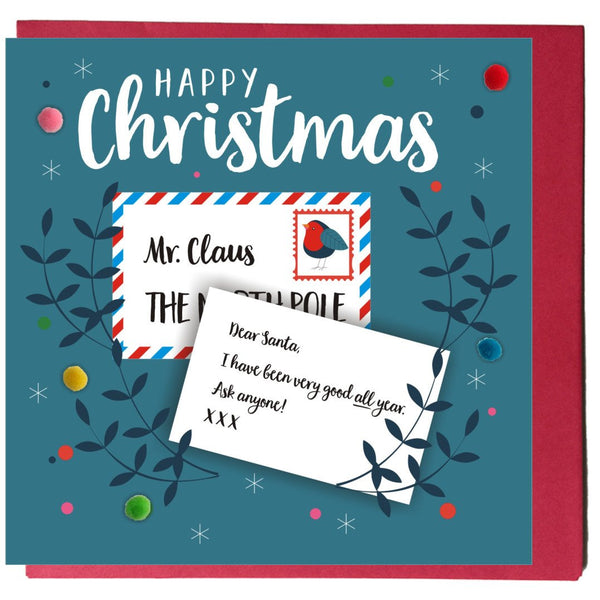 Christmas Card, Dear Santa, Happy Christmas, Embellished with colourful pompoms