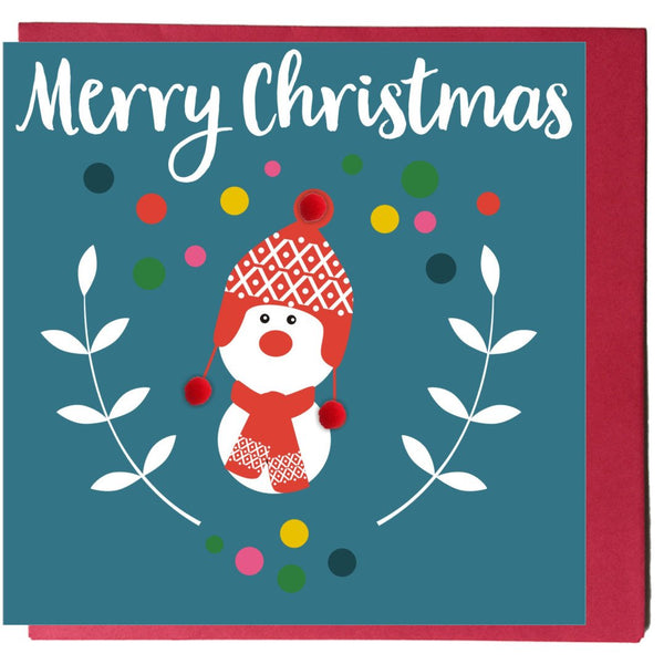 Christmas Card, Snowman, Merry Christmas, Embellished with colourful pompoms