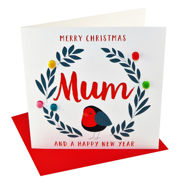 Christmas Card, Robin, Merry Christmas Mum, Embellished with colourful pompoms