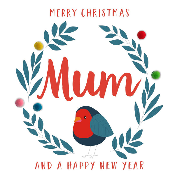 Christmas Card, Robin, Merry Christmas Mum, Embellished with colourful pompoms