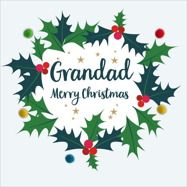 Christmas Card, Holly Wreath, Grandad, Embellished with colourful pompoms