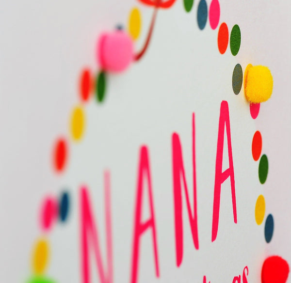 Christmas Card, Bauble, Nana Happy Christmas, Embellished with colourful pompoms