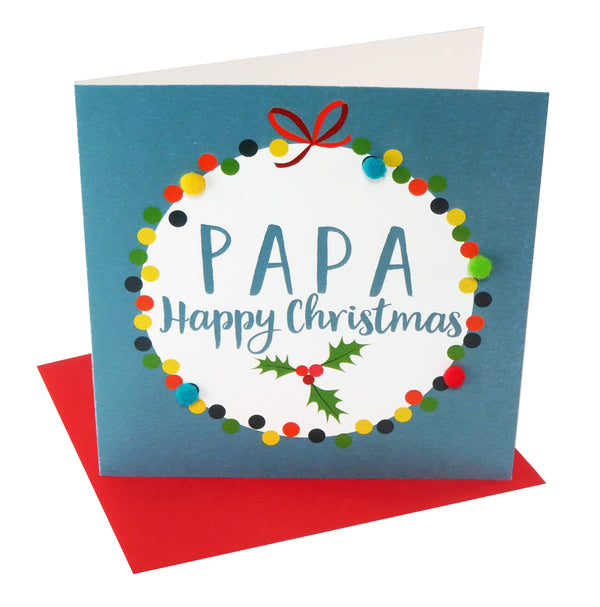 Christmas Card, Bauble, Papa Happy Christmas, Embellished with colourful pompoms