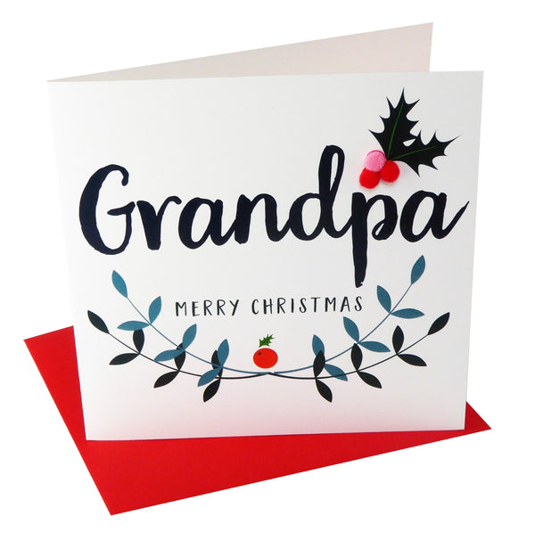 Christmas Card, Laurel & Holly, Grandpa, Embellished with colourful pompoms