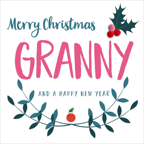 Christmas Card, Laurel & Holly, Granny, Embellished with colourful pompoms