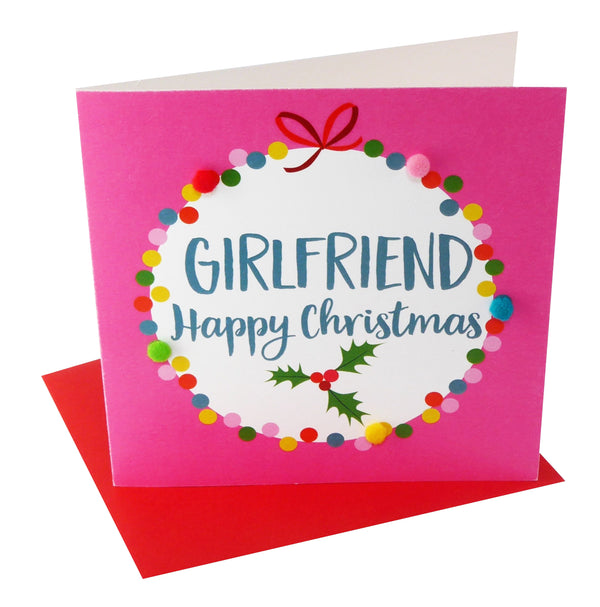 Christmas Card, Pink Bauble, Girlfriend, Embellished with colourful pompoms