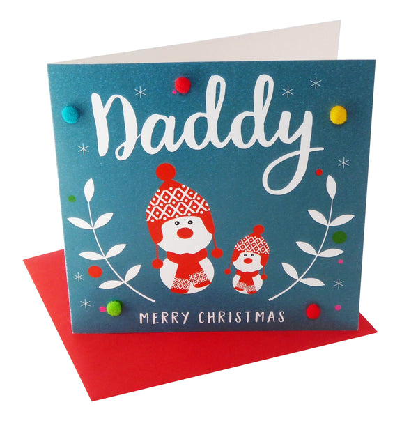 Christmas Card, two snowmen, Daddy, Embellished with colourful pompoms