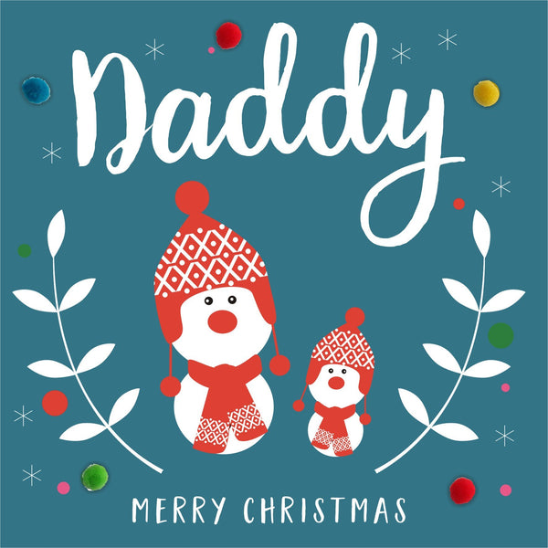 Christmas Card, two snowmen, Daddy, Embellished with colourful pompoms