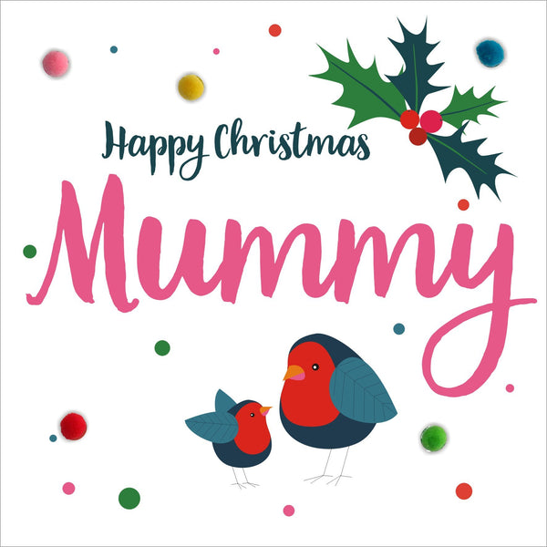 Christmas Card, two Robins, Mummy, Embellished with colourful pompoms