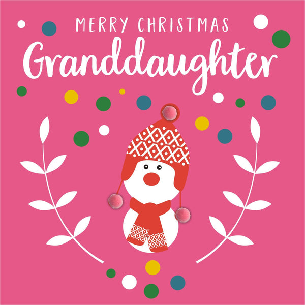 Christmas Card, Pink Snowman, Granddaughter, Embellished with colourful pompoms
