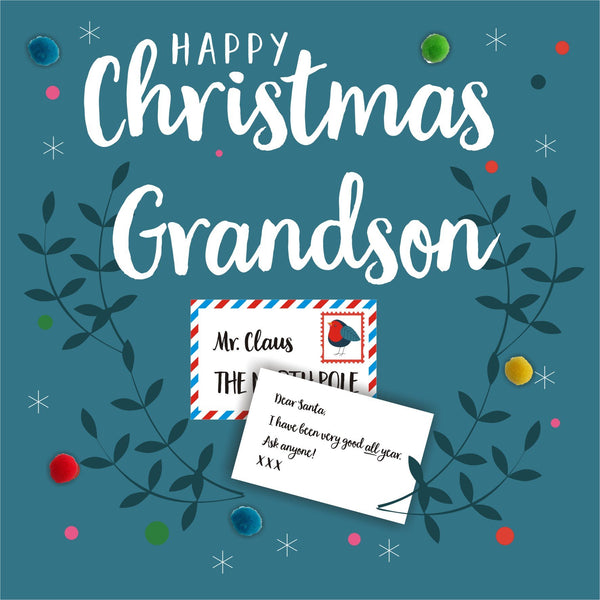 Christmas Card, Dear Santa, Grandson, Embellished with colourful pompoms