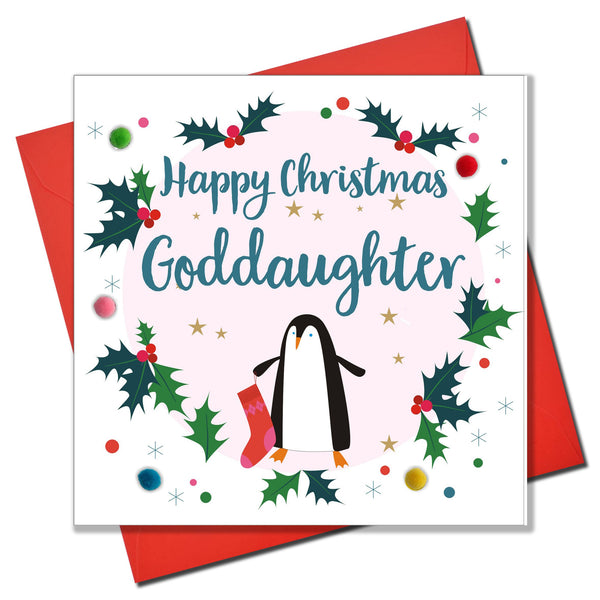 Christmas Card, Penguin, Goddaughter, Embellished with colourful pompoms