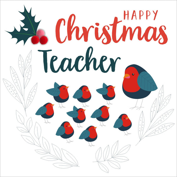 Christmas Card, Robin classroom, Teacher, Embellished with colourful pompoms