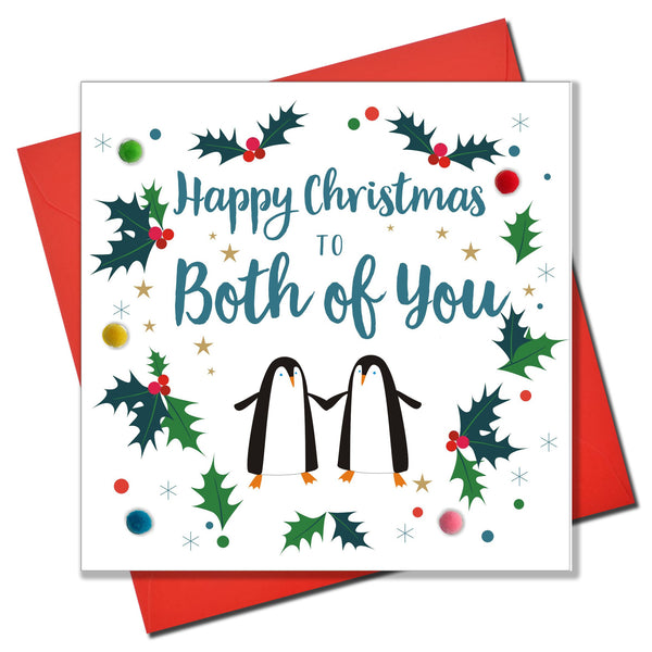 Christmas Card, two penguins, Both of You, Embellished with colourful pompoms