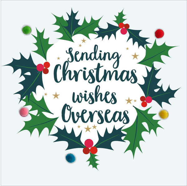 Christmas Card, Wishes Overseas, Embellished with colourful pompoms