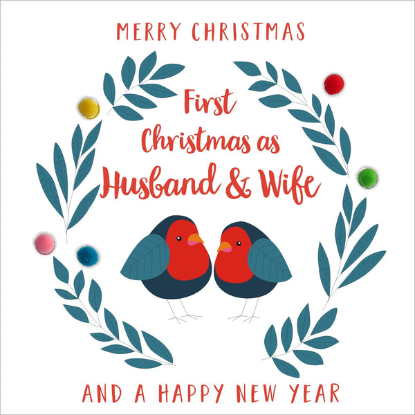 Christmas Card, Robins, 1st Christmas as Husband and Wife, Pompom Embellished