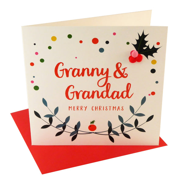 Christmas Card, Laurel and Berry, Granny and Grandad Pompom Embellished