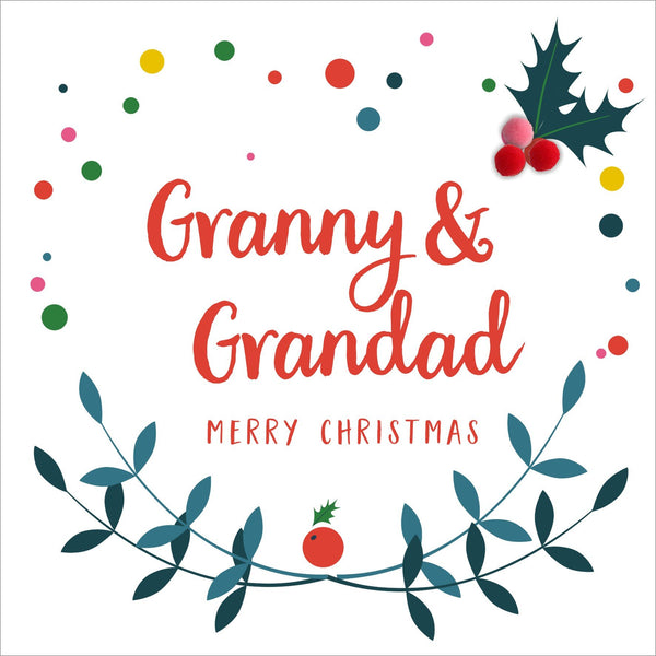 Christmas Card, Laurel and Berry, Granny and Grandad Pompom Embellished