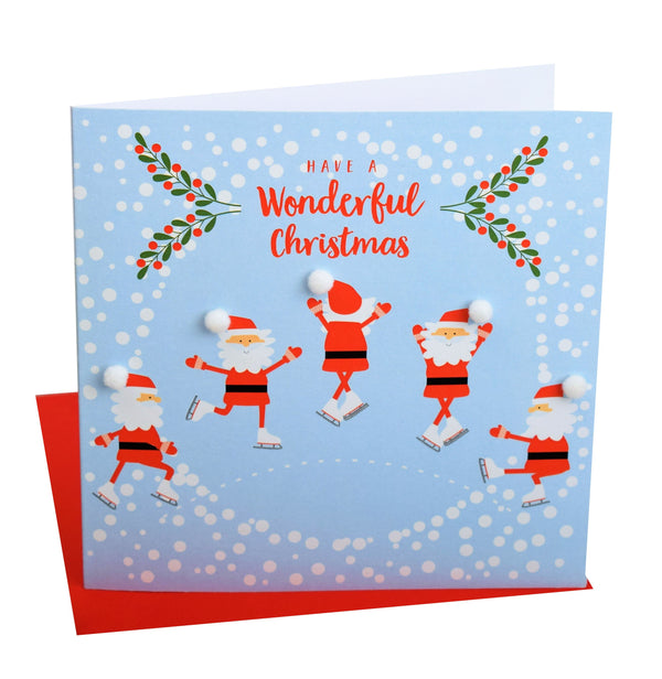Christmas Card, Skating Santas , Have a Wonderful Christmas, Pompom Embellished