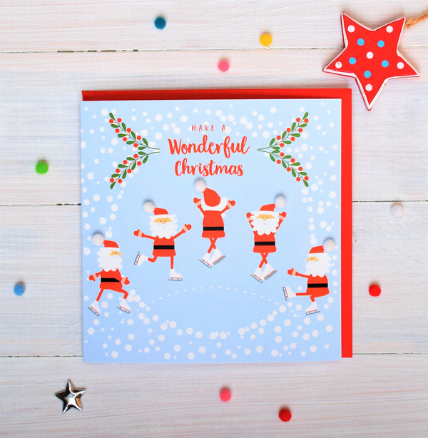 Christmas Card, Skating Santas , Have a Wonderful Christmas, Pompom Embellished
