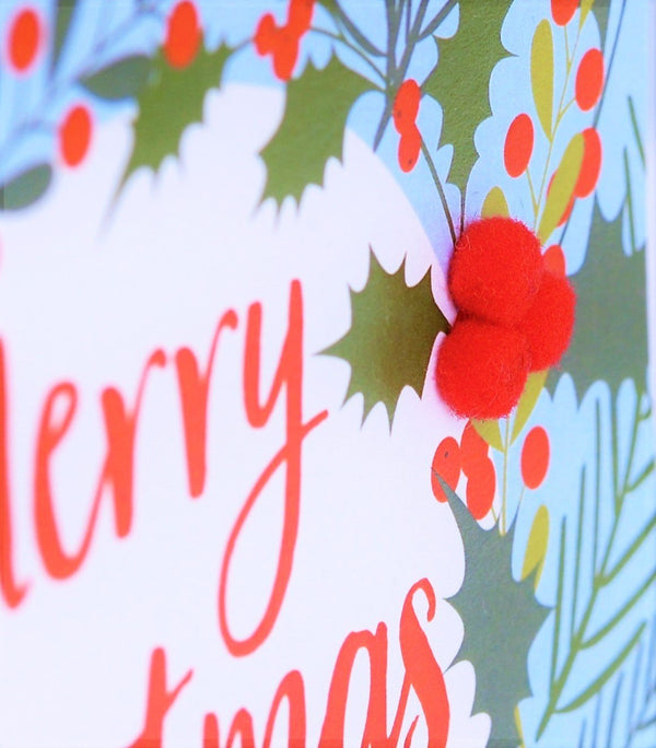 Christmas Card, Holly and berry wreath, Pompom Embellished