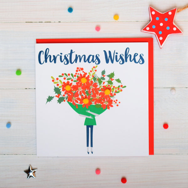 Christmas Card, Christmas bouquet , Christmas Wishes, Pompom Embellished