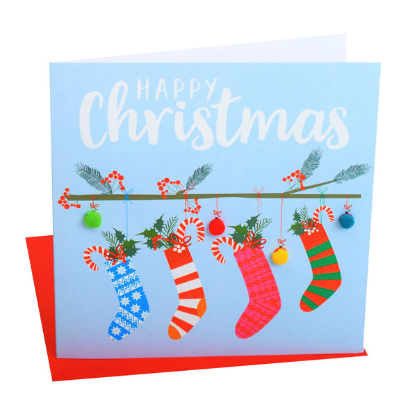 Christmas Card, Four Christmas stockings , Happy Christmas, Pompom Embellished
