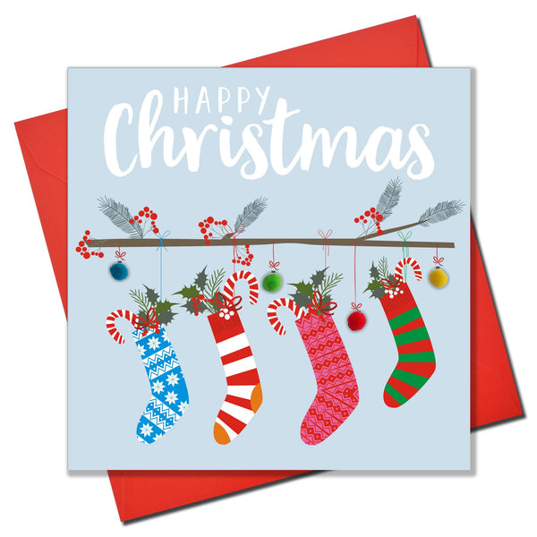 Christmas Card, Four Christmas stockings , Happy Christmas, Pompom Embellished