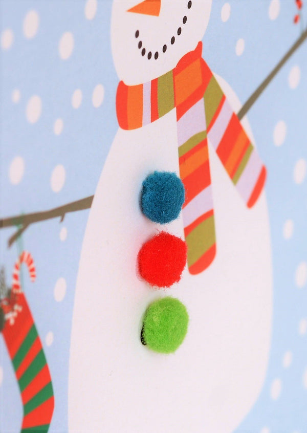 Christmas Card, Snowman , Happy Christmas, Embellished with colourful pompoms
