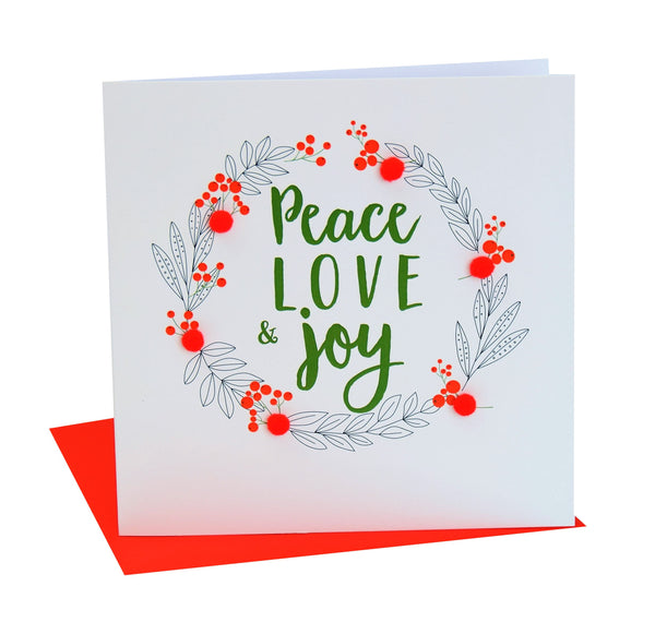 Christmas Card, Laurel wreath, Peace, Love and Joy, Pompom Embellished