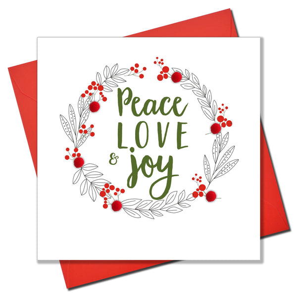 Christmas Card, Laurel wreath, Peace, Love and Joy, Pompom Embellished