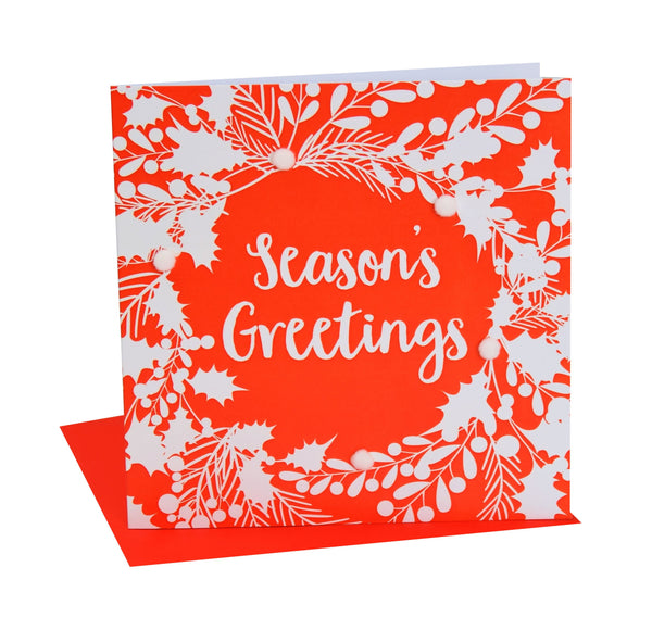 Christmas Card, White foliage on red , Season's Greetings, Pompom Embellished