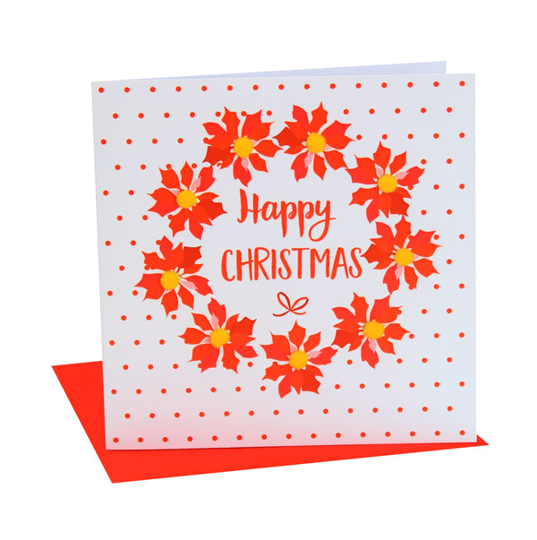 Christmas Card, Poinsettias and dots , Happy Christmas, Pompom Embellished
