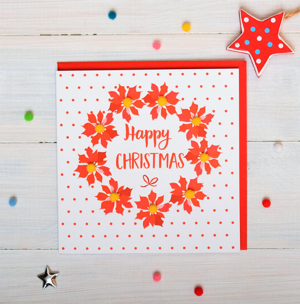 Christmas Card, Poinsettias and dots , Happy Christmas, Pompom Embellished