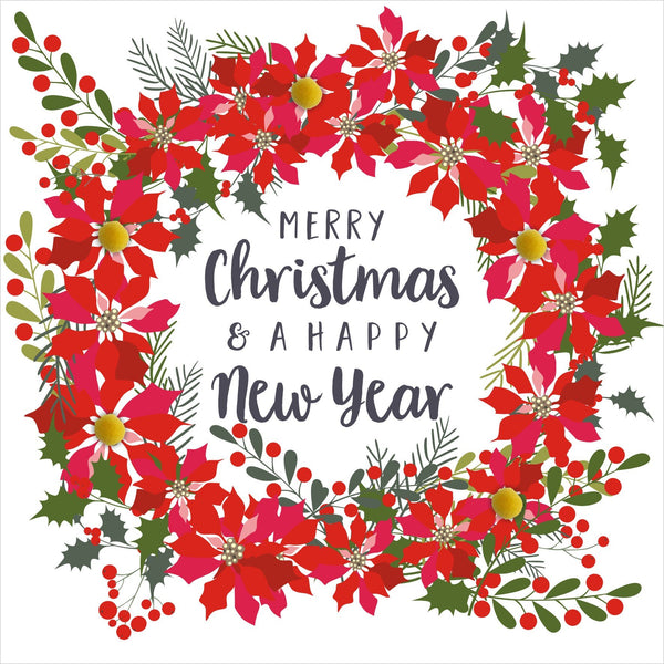 Christmas Card, Poinsettia wreath, Pompom Embellished