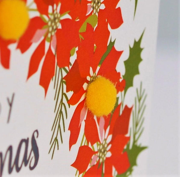 Christmas Card, Poinsettia wreath, Pompom Embellished