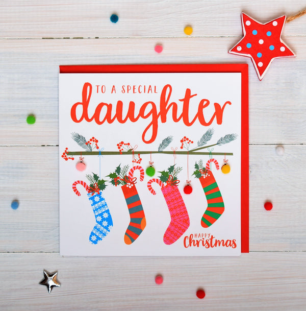 Christmas Card, Four Christmas stockings, Special daughter, Pompom Embellished
