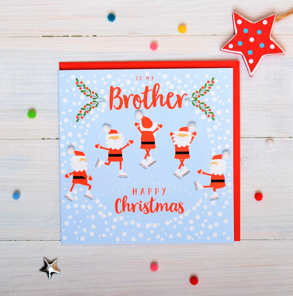 Christmas Card, Skating Santas, To my brother, Pompom Embellished