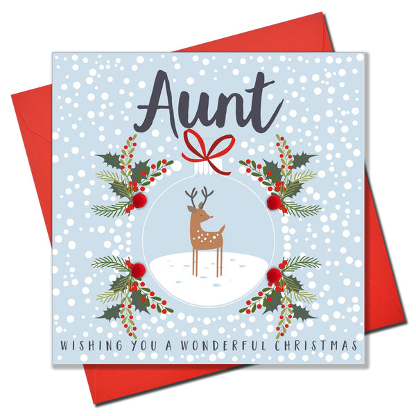Christmas Card, Reindeer in a bauble, Aunt, Pompom Embellished