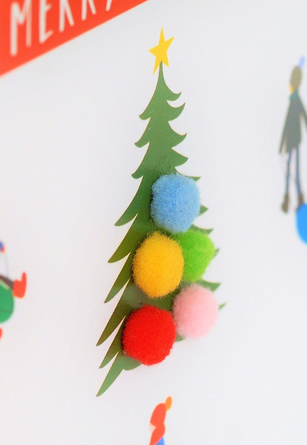 Christmas Card, Sledgers around a tree, Nephew, Pompom Embellished