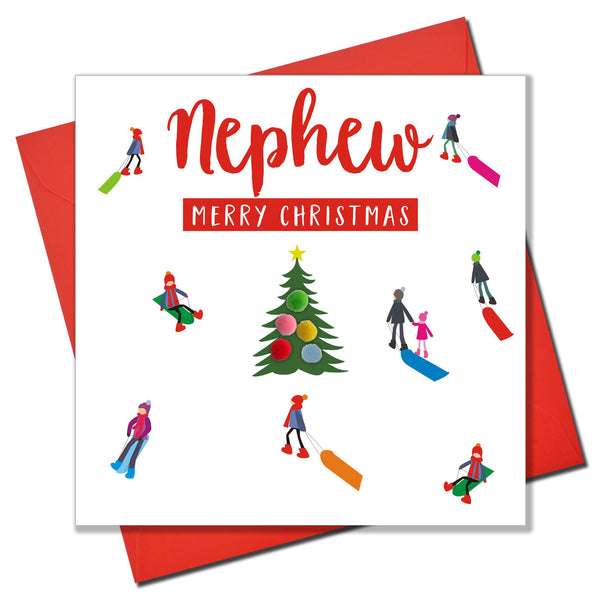 Christmas Card, Sledgers around a tree, Nephew, Pompom Embellished